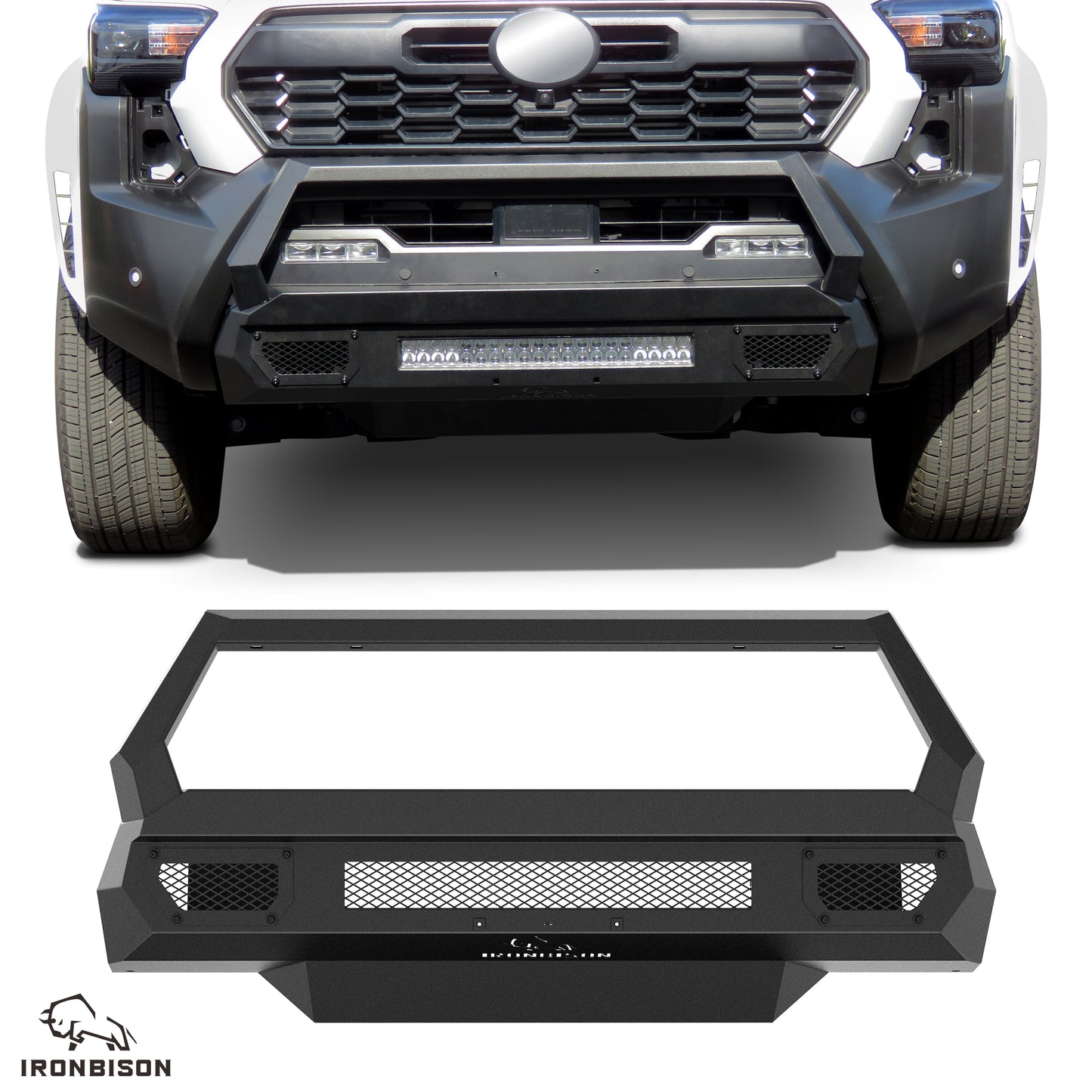 IRONBISON Front Bumper Compatible with 2024-2025 Toyota Tacoma Pickup Truck Stubby Tacoma Bull Bar Bumper Guard Can Add LED Light Bar Fine Texture Black