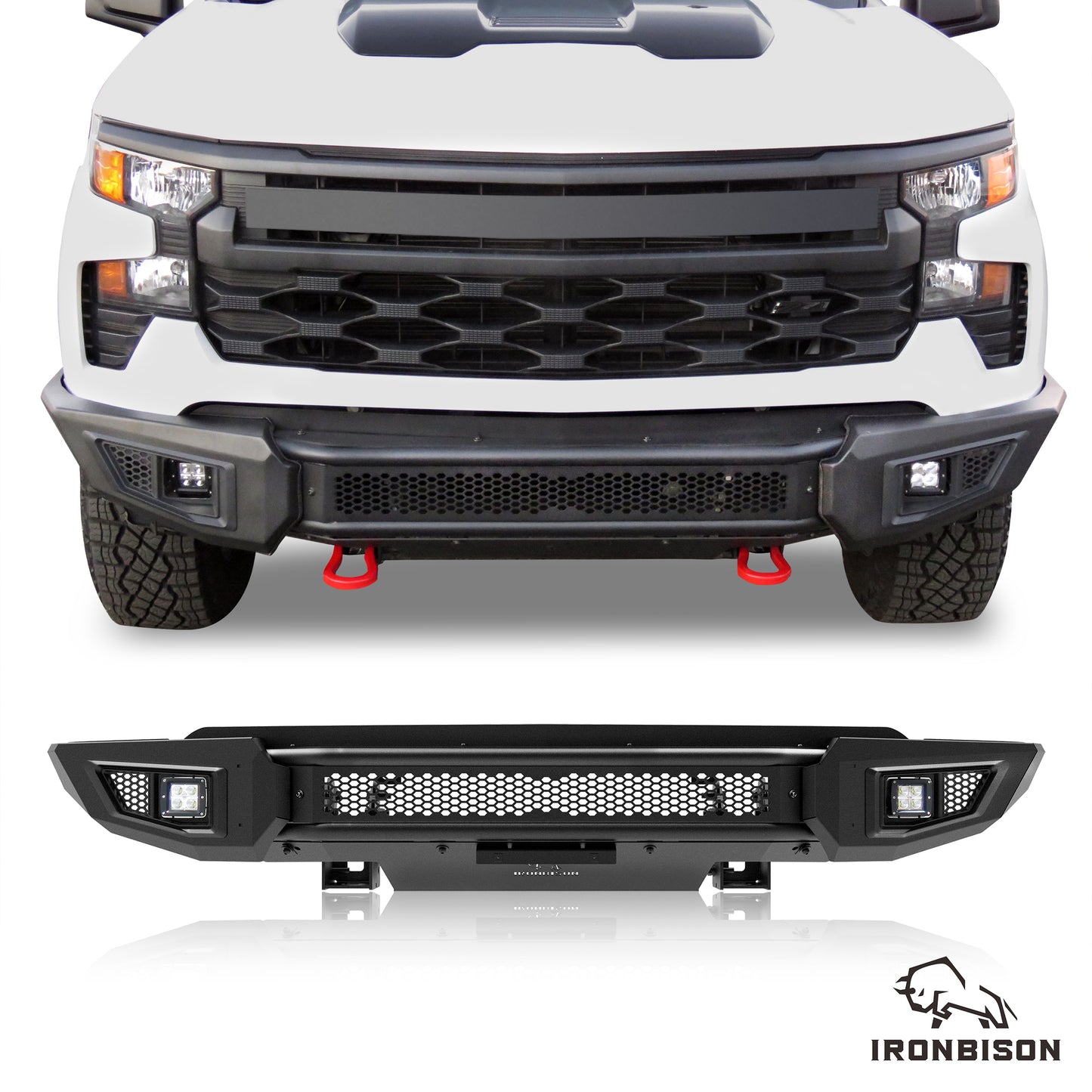 IRONBISON Front Bumper Compatible with 2022-2025 Chevy Silverado 1500 (Exclude 2022 Silverado 1500 LTD), Pickup Truck Silverado Bumper Guard with 2 LED Cube Lights Can Add 30” LED Light Bar