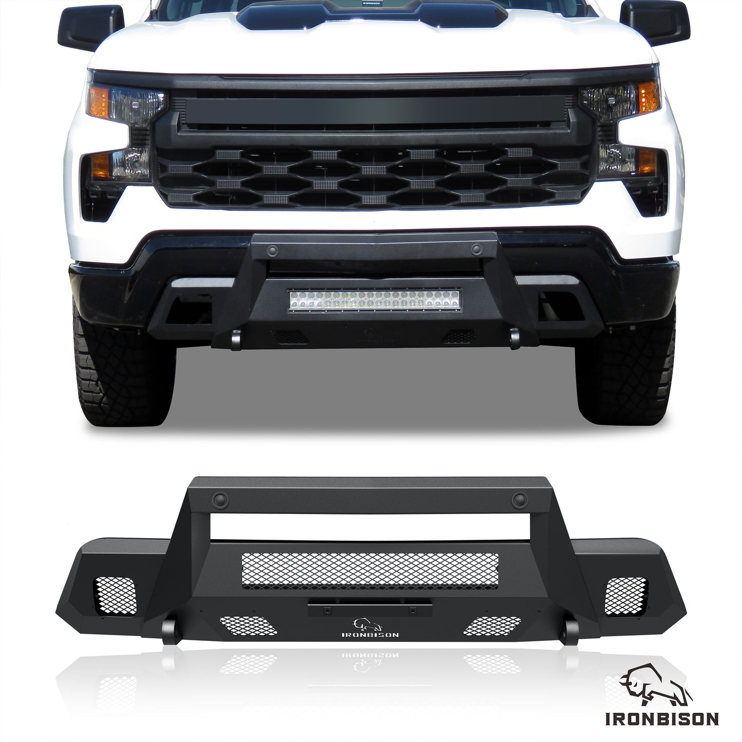 IRONBISON Front Bumper Compatible with 2022-2025 Chevy Silverado 1500 (Exclude 2022 1500 LTD, ZR2, Diese) Truck Pickup Tundra Stubby Bumper Guard Bull Bar Can Add LED Light Bar Fine Texture Black