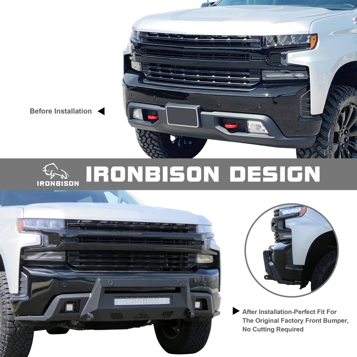 IRONBISON Front Bumper Compatible with 2019-2021 Chevy Silverado 1500 (Inculde Diesel Model & 2022 LTD Model, Exclude 2019 LD Model) Can Add LED Light Bar Fine Texture Black Bumper Guard Bull Bar