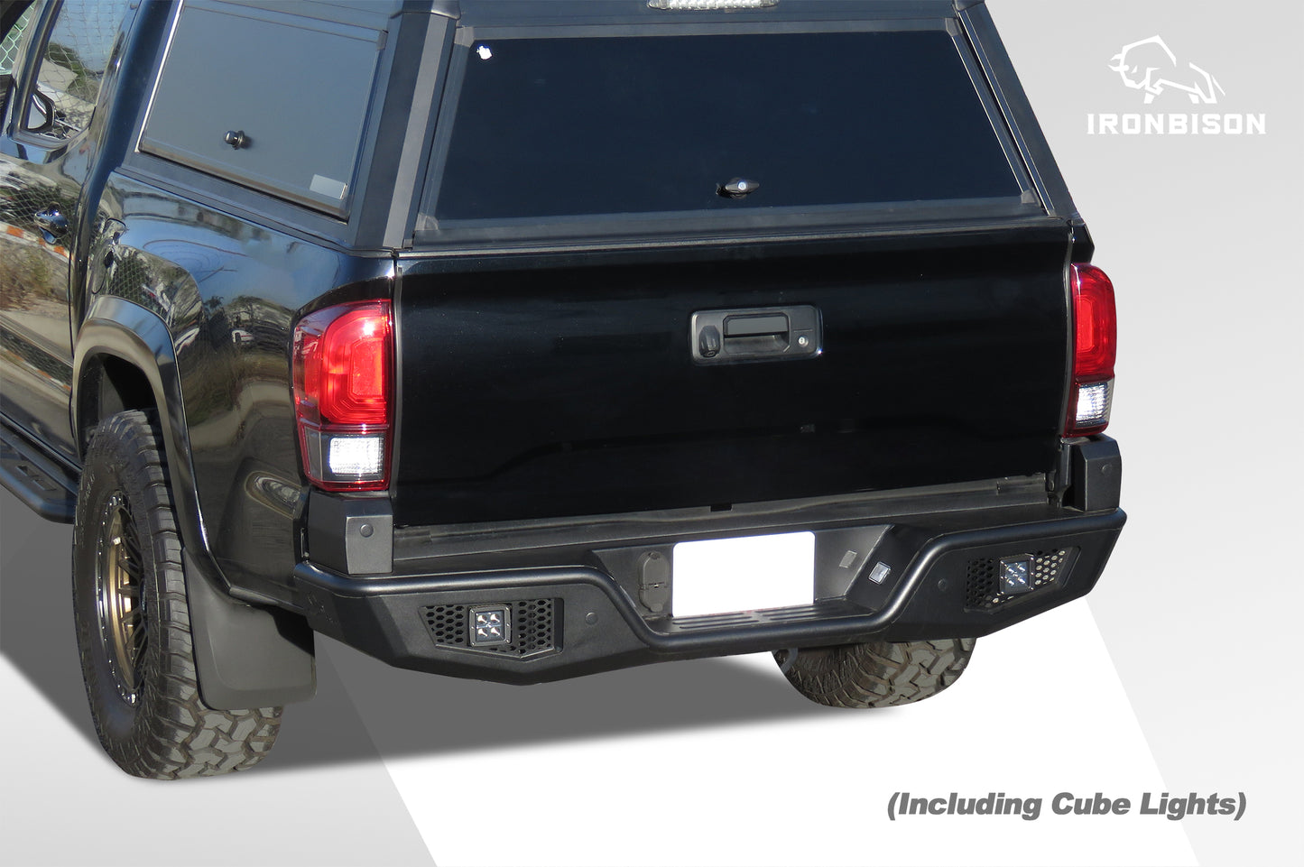 IRONBISON Rear Bumper Compatible with 2016-2023 Toyota Tacoma, Heavy Duty Full Width Pickup Truck Tacoma Back Bumper Guard With Cube Lights Offroad Steel Bumper Fine Texture Black