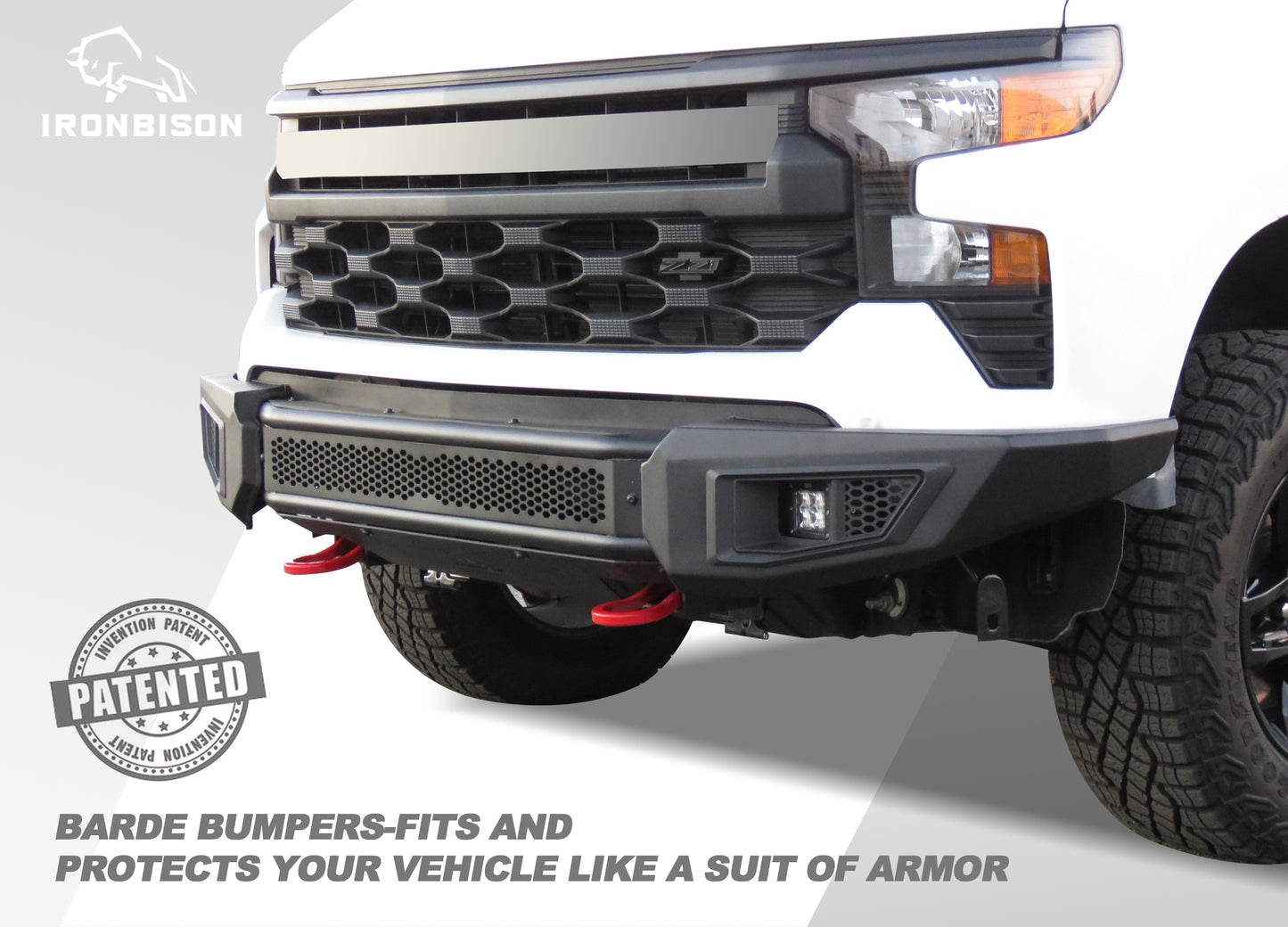 IRONBISON Front Bumper Compatible with 2022-2025 Chevy Silverado 1500 (Exclude 2022 Silverado 1500 LTD), Pickup Truck Silverado Bumper Guard with 2 LED Cube Lights Can Add 30” LED Light Bar