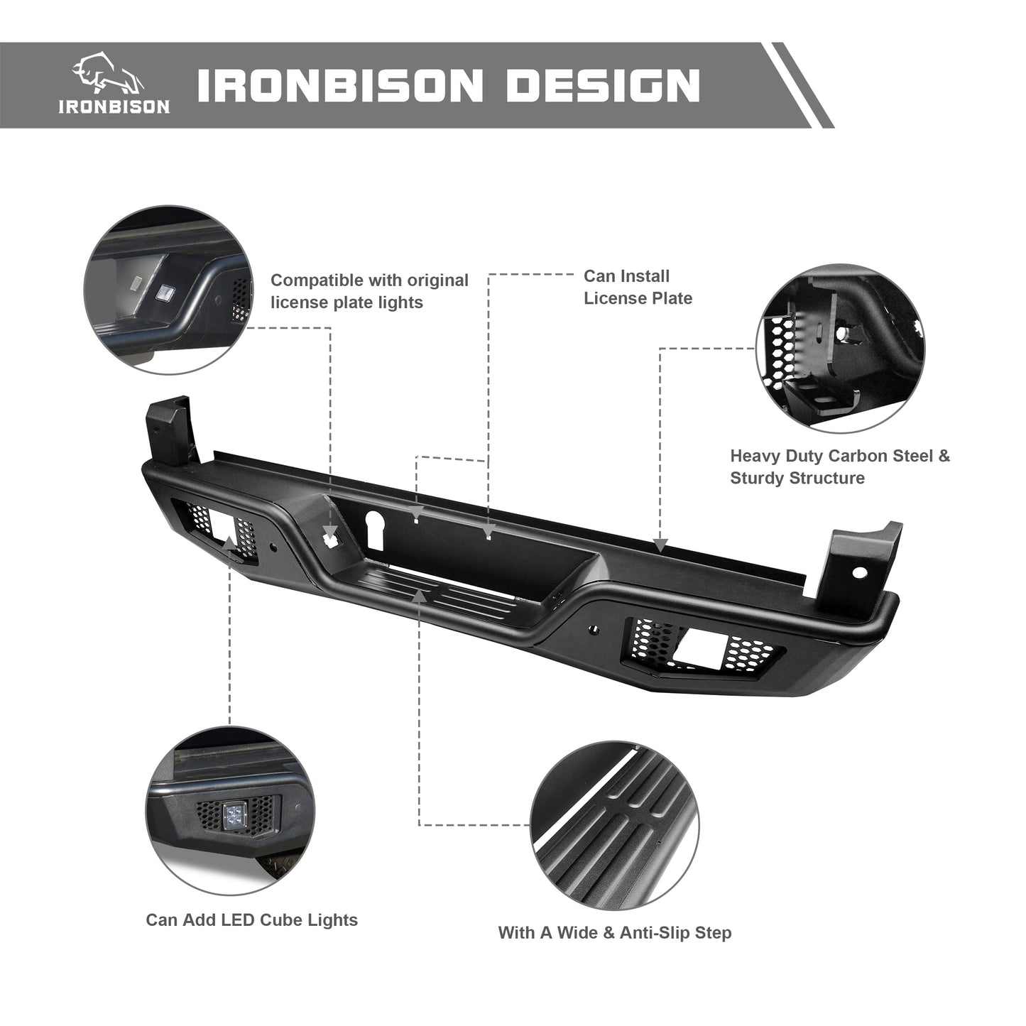 IRONBISON Rear Bumper Compatible with 2016-2023 Toyota Tacoma, Heavy Duty Full Width Pickup Truck Tacoma Back Bumper Guard With Cube Lights Offroad Steel Bumper Fine Texture Black