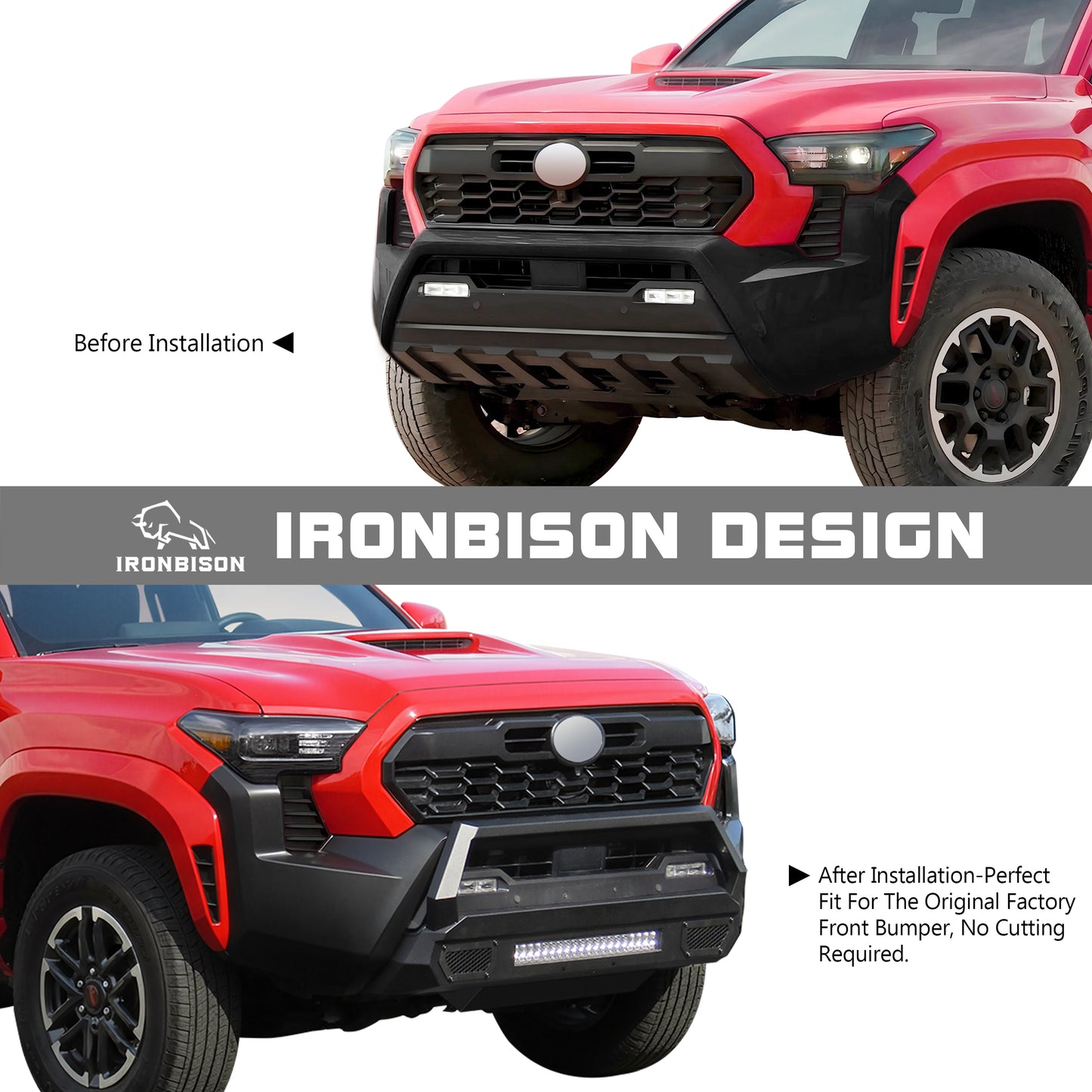 IRONBISON Front Bumper Compatible with 2024-2025 Toyota Tacoma Pickup Truck Stubby Tacoma Bull Bar Bumper Guard Can Add LED Light Bar Fine Texture Black