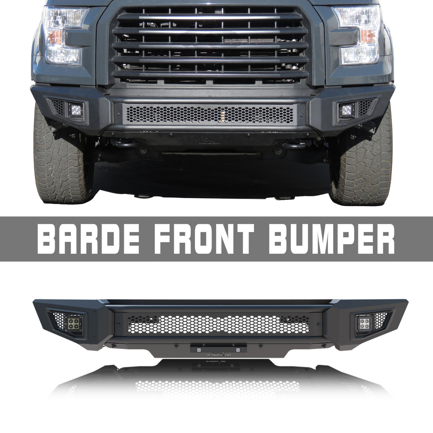 IRONBISON BARDE Front Bumper Compatible with 2015-2017 Ford F150 Truck Pickup Heavy Textured Black Off Road Replacement Bull Bar Rock Armor with 2 LED Fog Light Splash Guard Can Add 30” LED Light Bar (IBBFF002)