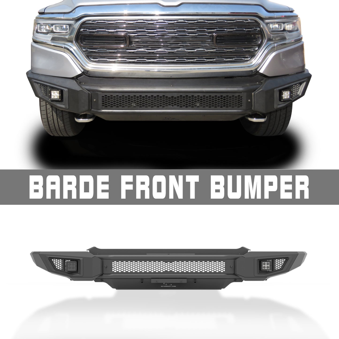 IRONBISON BARDE Front Bumper Compatible with 19-24 Dodge RAM 1500 (Excl. Rebel, TRX Trim, Diesel models) Pickup Fine Textured Off Road Replacement Bull Bar Rock Armor with 2 LED Fog Light Splash Guard