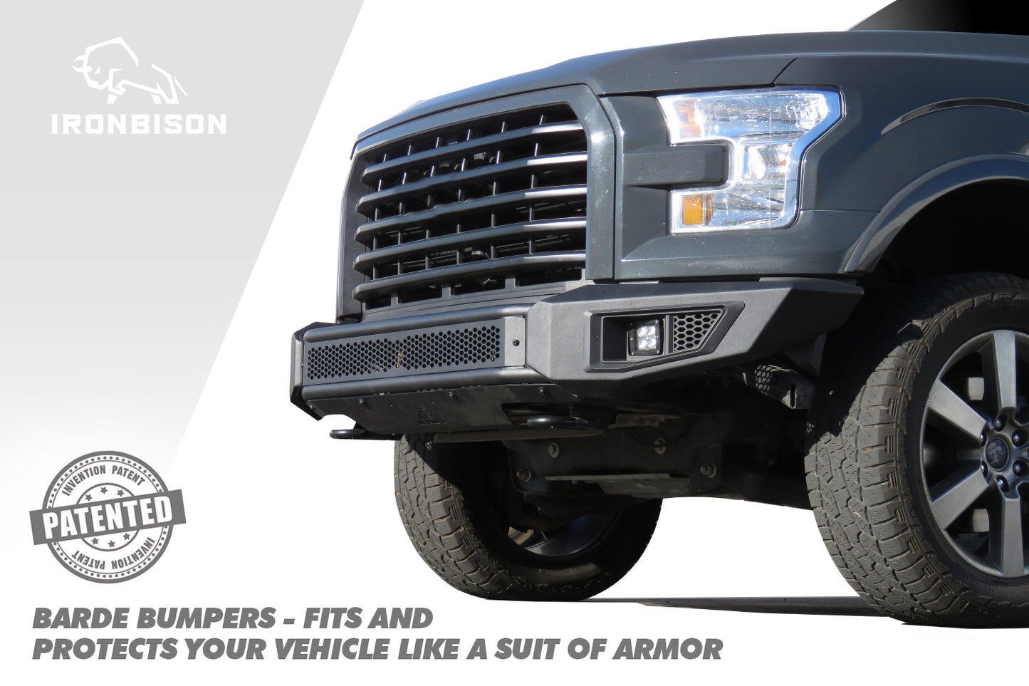 IRONBISON BARDE Front Bumper Compatible with 2015-2017 Ford F150 Truck Pickup Heavy Textured Black Off Road Replacement Bull Bar Rock Armor with 2 LED Fog Light Splash Guard Can Add 30” LED Light Bar (IBBFF002)