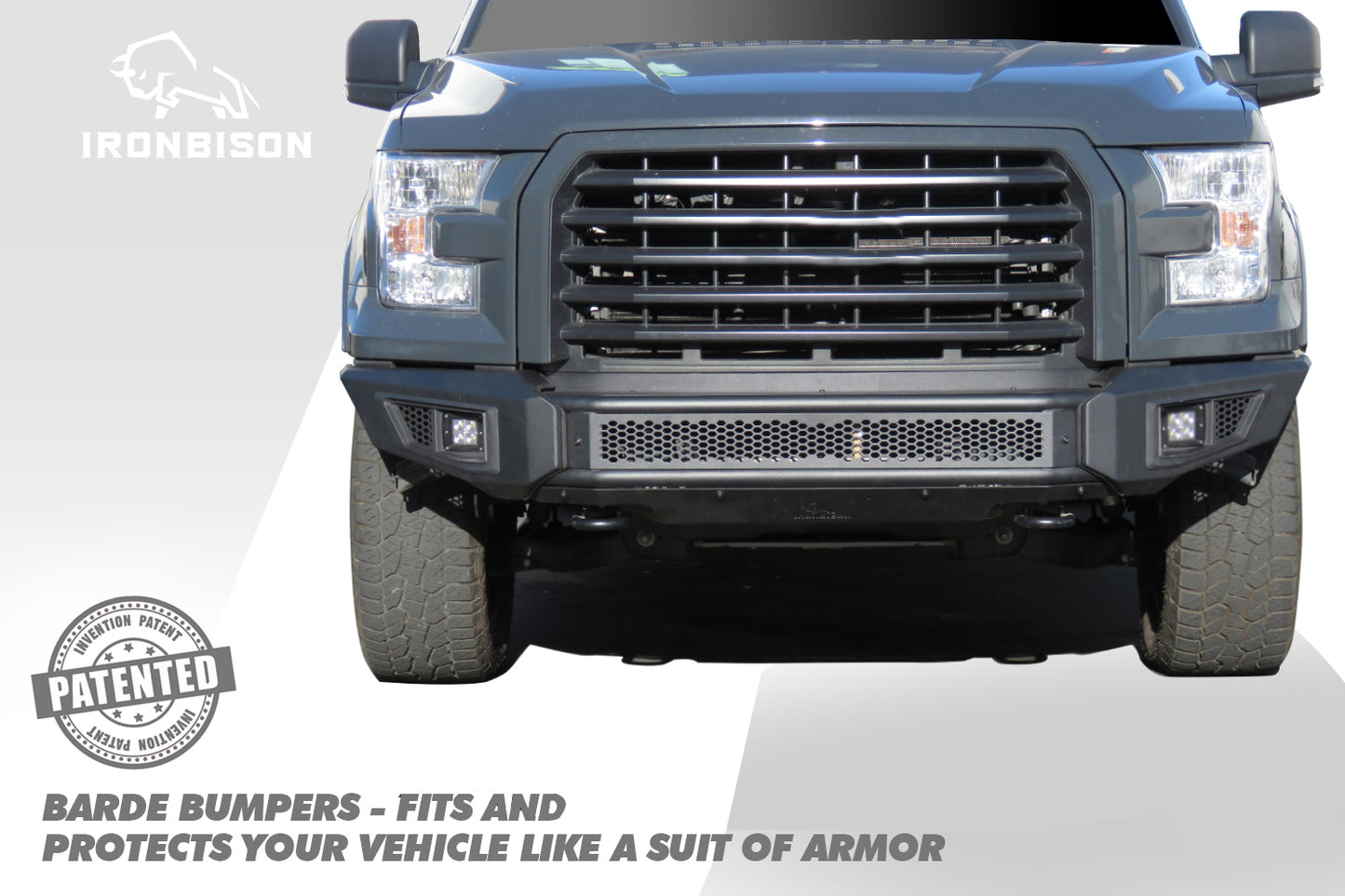 IRONBISON BARDE Front Bumper Compatible with 2015-2017 Ford F150 Truck Pickup Heavy Textured Black Off Road Replacement Bull Bar Rock Armor with 2 LED Fog Light Splash Guard Can Add 30” LED Light Bar (IBBFF002)