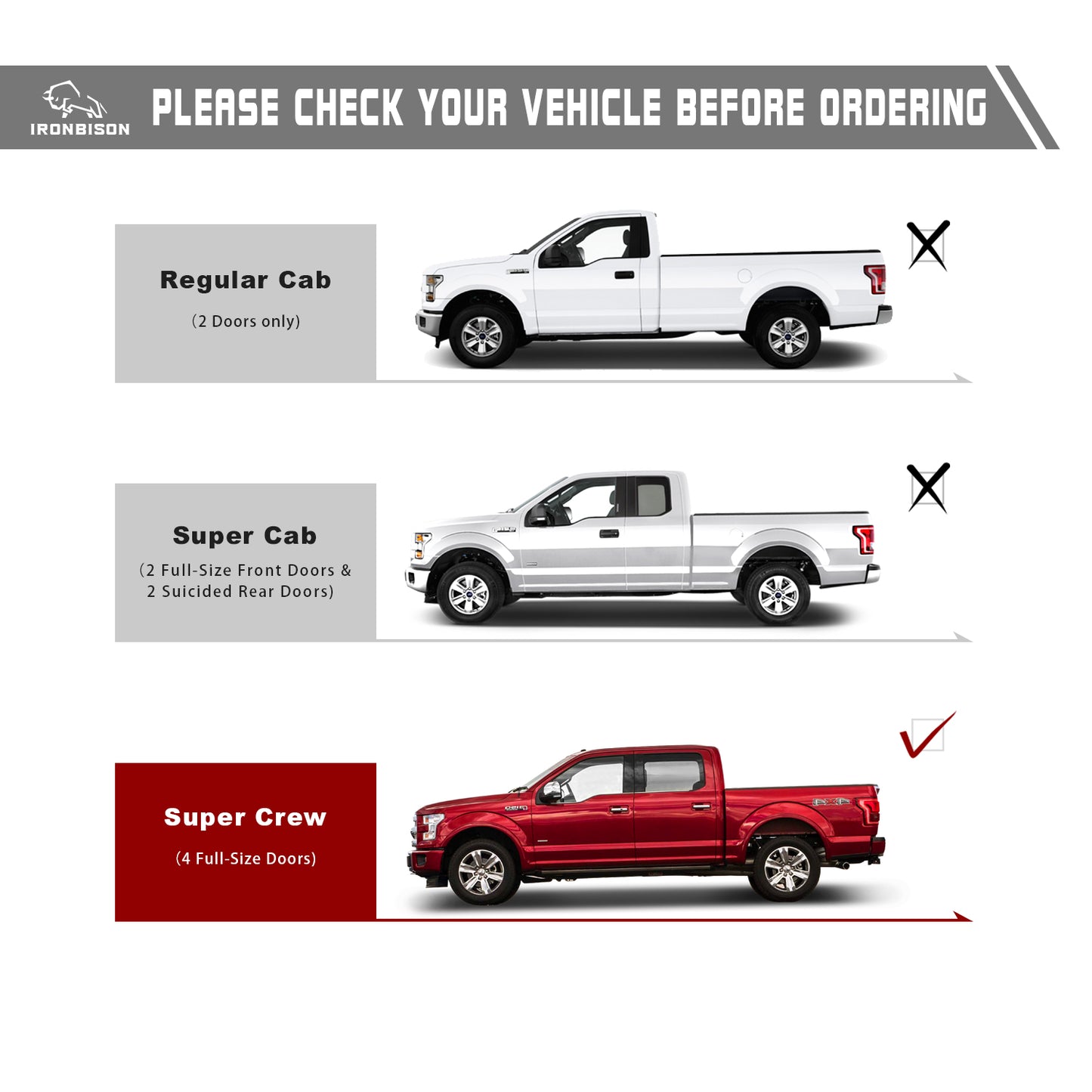 IRONBISON Running Boards Fits 2015-2025 Ford F150 SuperCrew Cab | 2022-2025 F150 Lightning EV SuperCrew Cab | 2017-2025 F250/350/450/550 Super Duty Crew Cab Pickup Truck Side Steps Nerf Bars Heavy Texture Black
