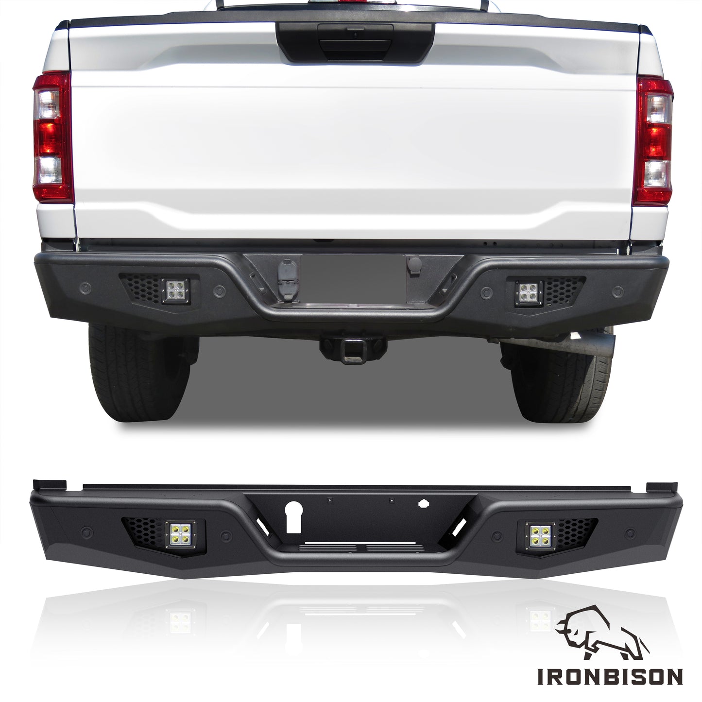 IRONBISON Rear Bumper Compatible with 2021-2023 Ford F150 (Exclude 2022-2023 F150 lightning EV), Full Width F150 Rear Step Bumper with Cube Lights Off-road Steel Bumper Guard Fine Texture Black