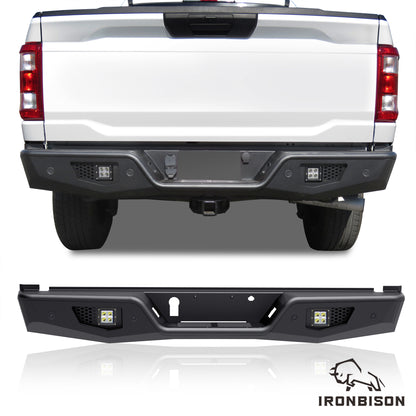 IRONBISON Rear Bumper Compatible with 2021-2023 Ford F150 (Exclude 2022-2023 F150 lightning EV), Full Width F150 Rear Step Bumper with Cube Lights Off-road Steel Bumper Guard Fine Texture Black