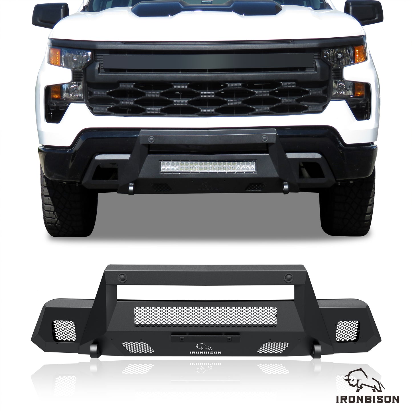 IRONBISON Front Bumper Compatible with 2022-2024 Chevy Silverado 1500 (Exclude 2022 1500 LTD, ZR2, Diese) Truck Pickup Tundra Stubby Bumper Guard Bull Bar Can Add LED Light Bar Fine Texture Black