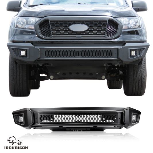 IRONBISON Barde Front Bumper for 2019-2023 Ford Ranger Heavy Duty Foldable Ranger Truck Front Bumper Guard with Fog Lights & Splash Guard Can Add LED Lights Bar Fine Textured Black Powder Finish