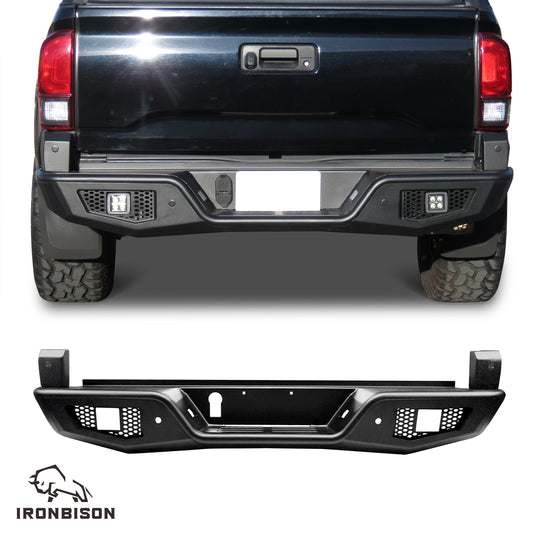 IRONBISON Rear Bumper Compatible with 2016-2023 Toyota Tacoma, Heavy Duty Full Width Pickup Truck Tacoma Back Bumper Guard With Cube Lights Offroad Steel Bumper Fine Texture Black