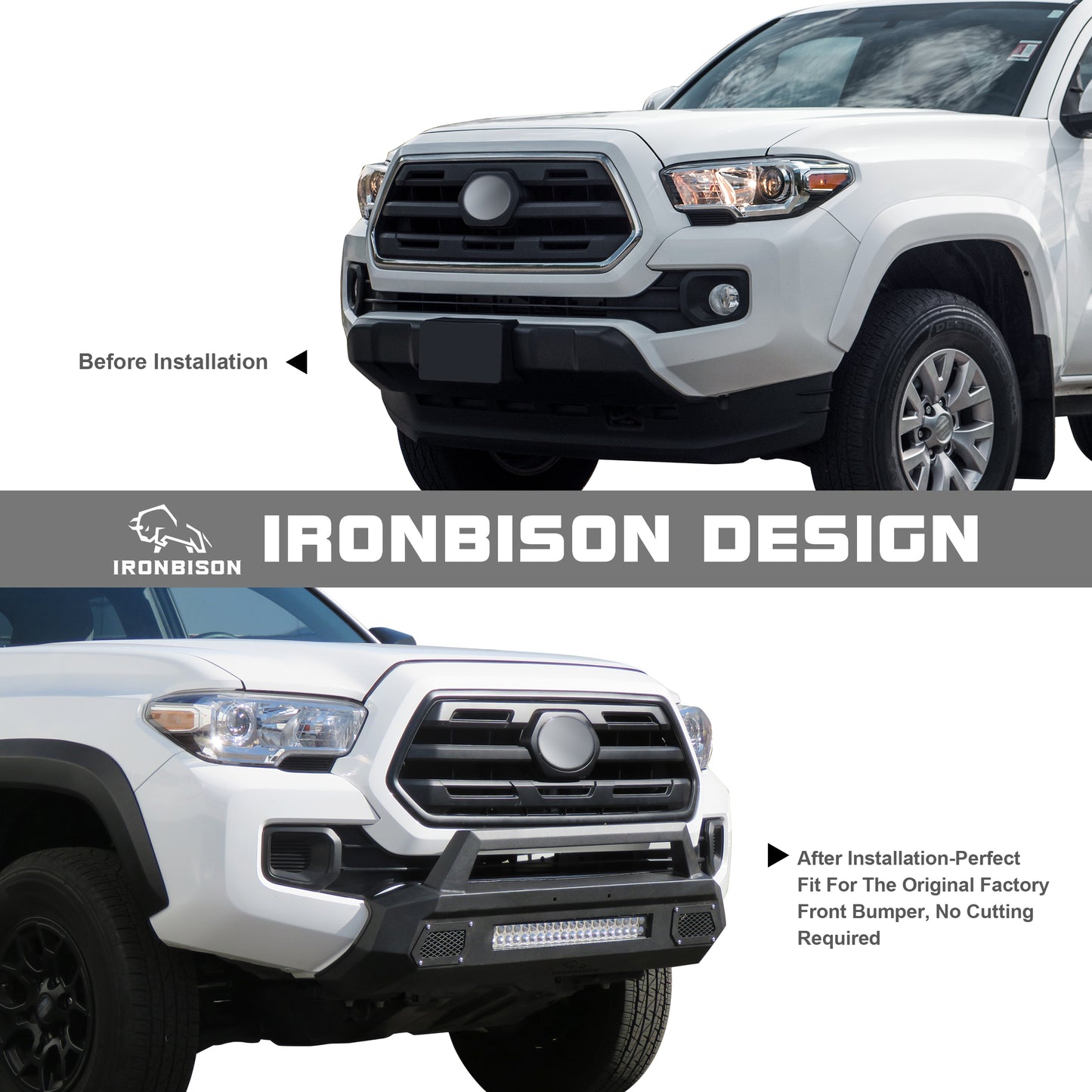 IRONBISON Front Bumper Compatible with 2016-2023 Toyota Tacoma Heavy Duty Truck Pickup Tacoma Bumper Guard Stubby Bull Bar Can Add LED Light Bar Fine Texture Black