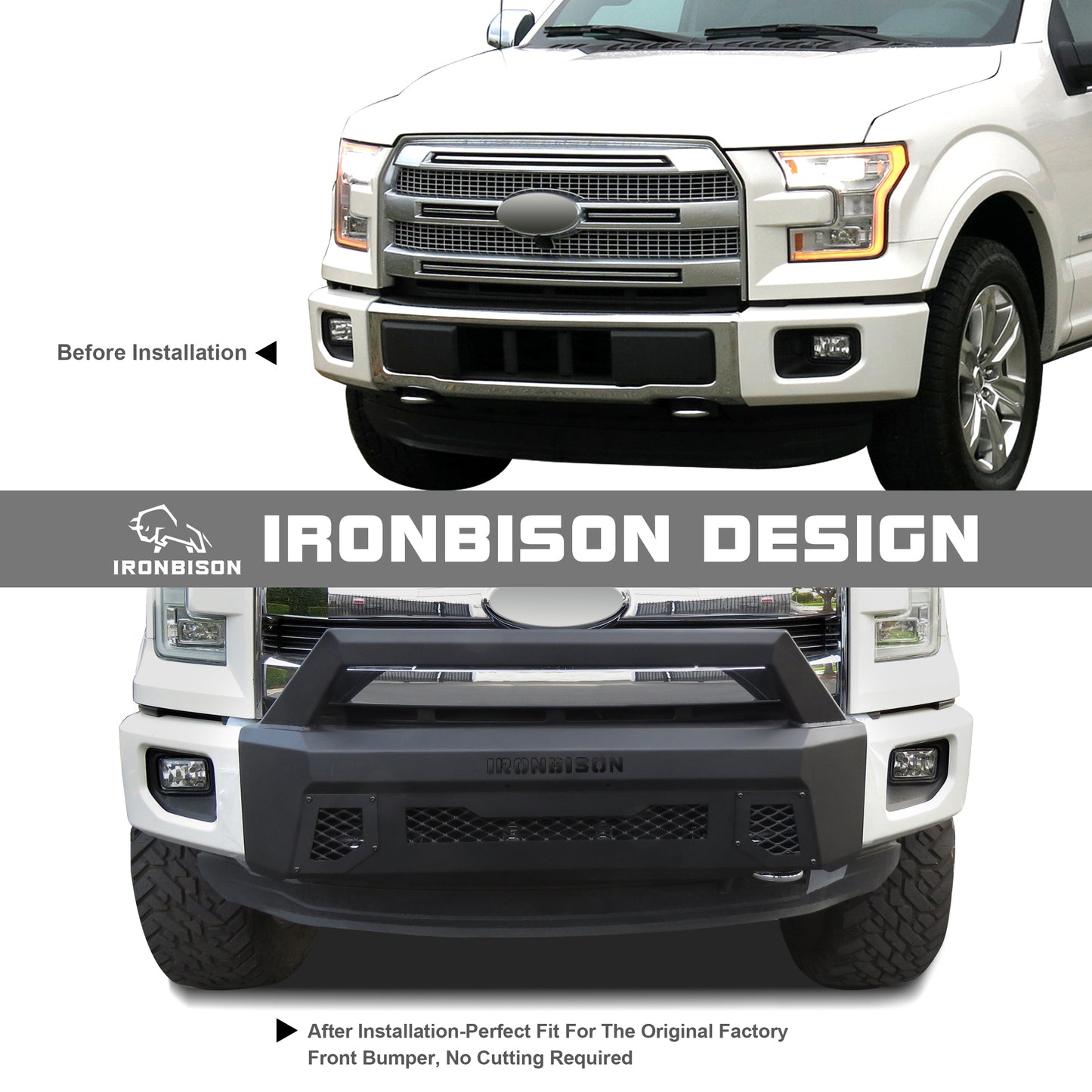 IRONBISON Front Bumper Compatible with 2015-2017 Ford F150 (Include EcoBoost Engine Model) Can Add LED Light Bar Fine Texture Black Truck F150 Bumper Guard Stubby Bull Bar