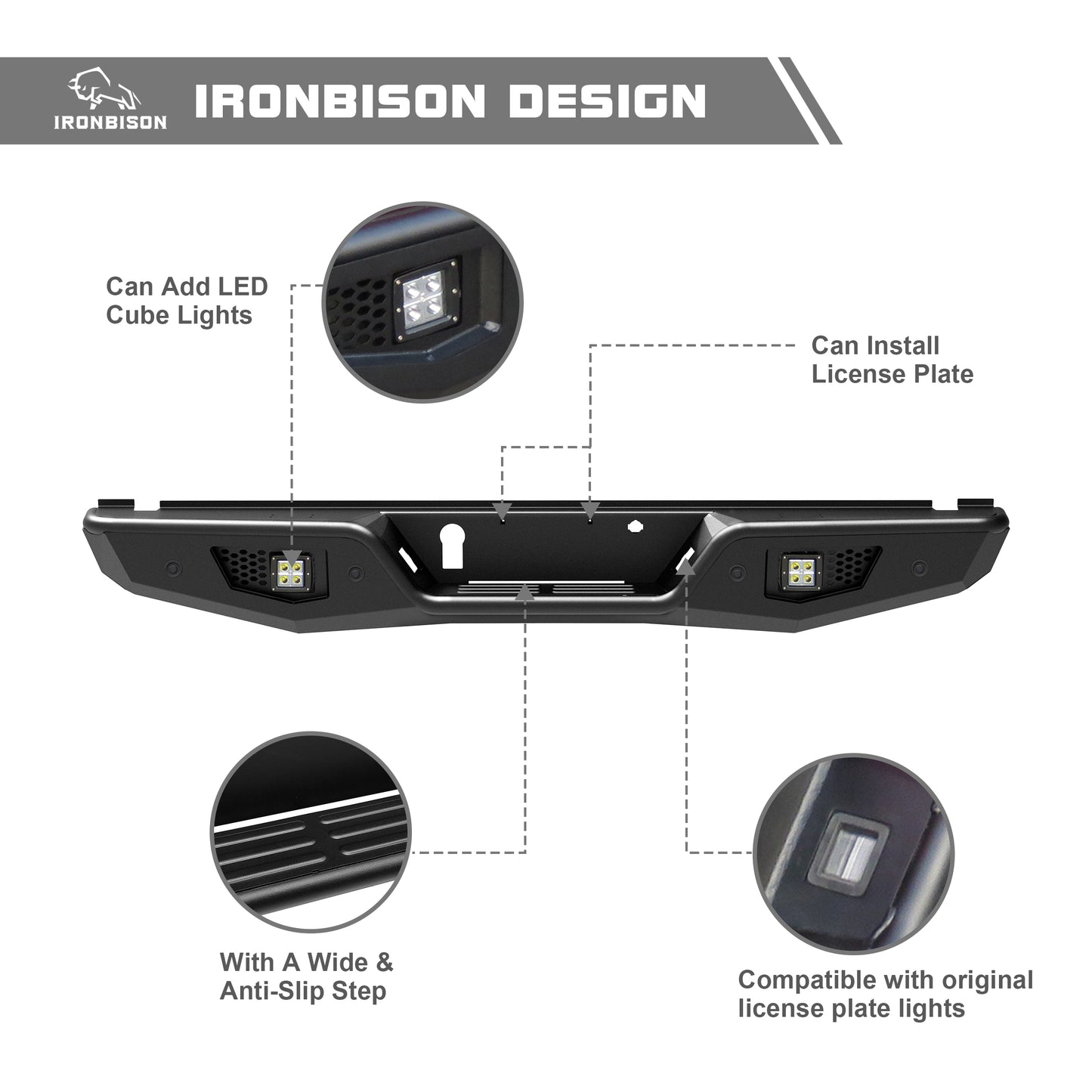 IRONBISON Rear Bumper Compatible with 2015-2020 Ford F150, Full Width Pickup Truck F150 Back Bumper Guard Accommodates Factory Hitch Receiver Off-Road Steel Rear Bumper Fine Texture Black