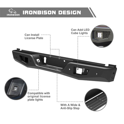 IRONBISON Rear Bumper Compatible with 2021-2023 Ford F150 (Exclude 2022-2023 F150 lightning EV), Full Width F150 Rear Step Bumper with Cube Lights Off-road Steel Bumper Guard Fine Texture Black