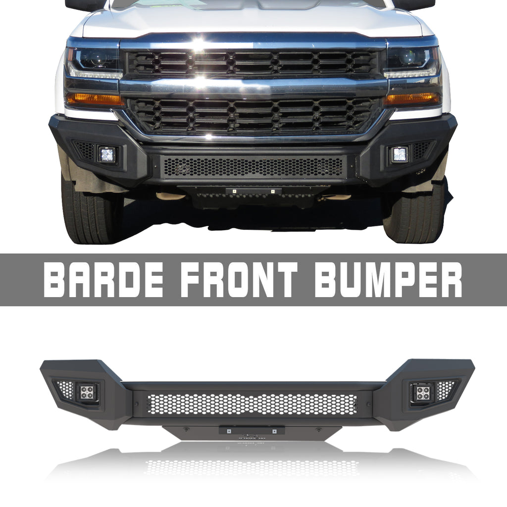 IRONBISON BARDE Front Bumper Compatible with 2016-2018 Chevy Silverado 1500 Pickup Fine Textured Black Off Road Replacement Bull Bar Rock Armor with 2 LED Fog Light Splash Guard Can Add 30” LED Light