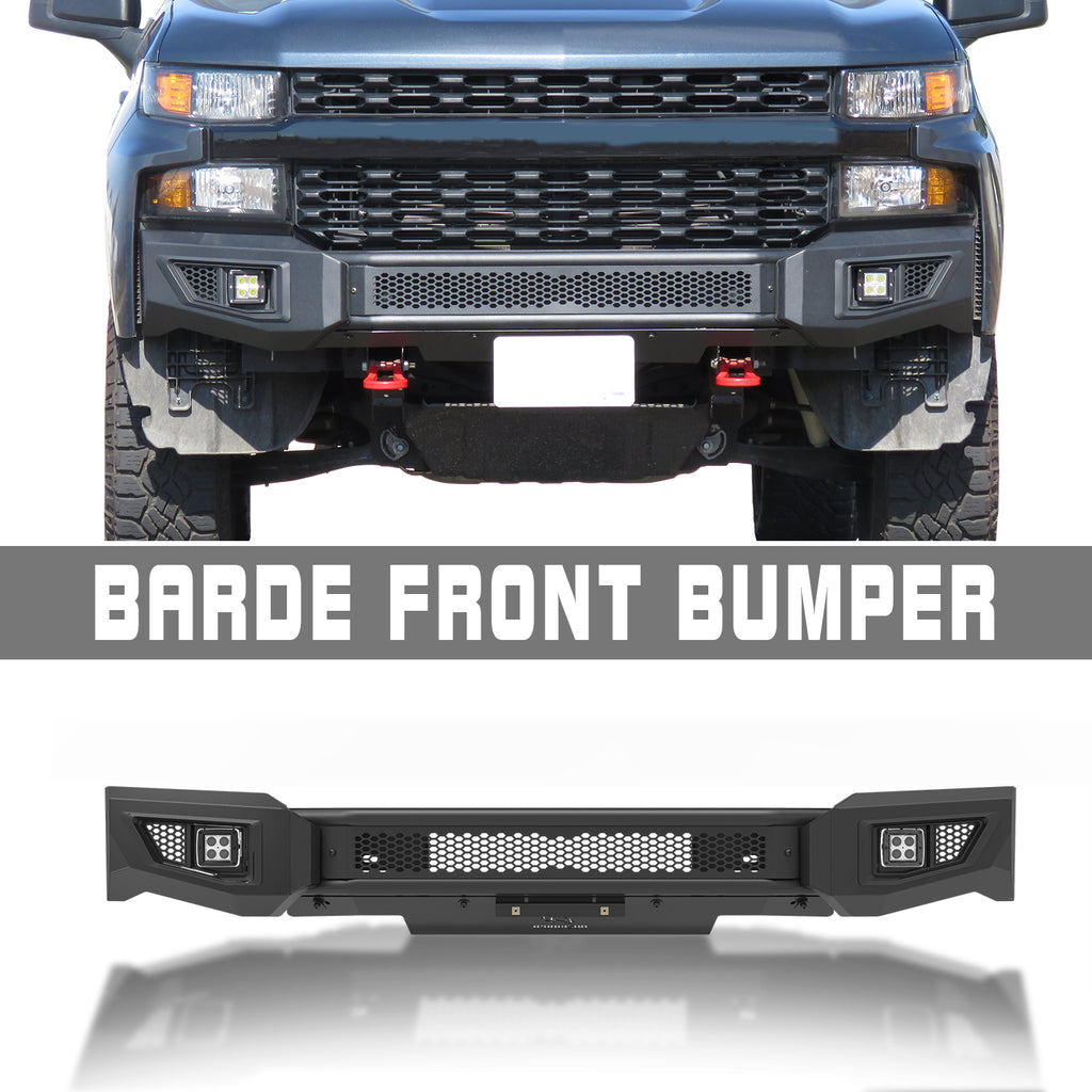 IRONBISON BARDE Front Bumper Compatible with 19-21 Chevy Silverado 1500(Excl. 2019 Silverado 1500 LD) Pickup Fine Textured Black Off Road Bull Bar Rock Armor with 2 LED Fog Light Splash Guard Can Add 30” LED Light