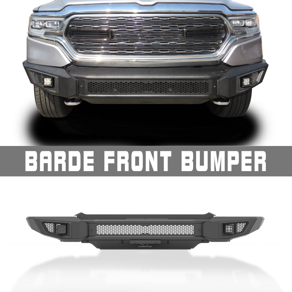 IRONBISON BARDE Front Bumper Compatible with 19-24 Dodge RAM 1500 (Excl. Rebel, TRX Trim, Diesel models) Pickup Fine Textured Off Road Replacement Bull Bar Rock Armor with 2 LED Fog Light Splash Guard