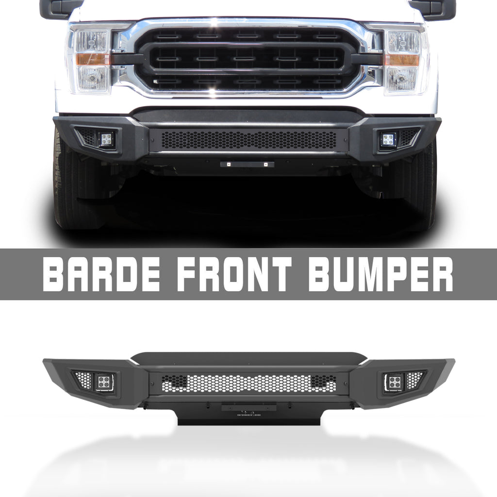 IRONBISON BARDE Front Bumper Compatible with 2021-23 Ford F150 Truck Pickup Fine Textured Black Off Road Replacement Bull Bar Rock Armor with 2 LED Fog Light Splash Guard Can Add 30” LED Light Bar