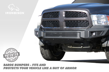 IRONBISON BARDE Front Bumper Compatible with 2013-2018 Dodge RAM 1500 (Excl. Rebel Trim) Pickup Fine Textured Black Off Road Bull Bar Rock Armor with 2 LED Fog Light Splash Guard Can Add 30” LED Light