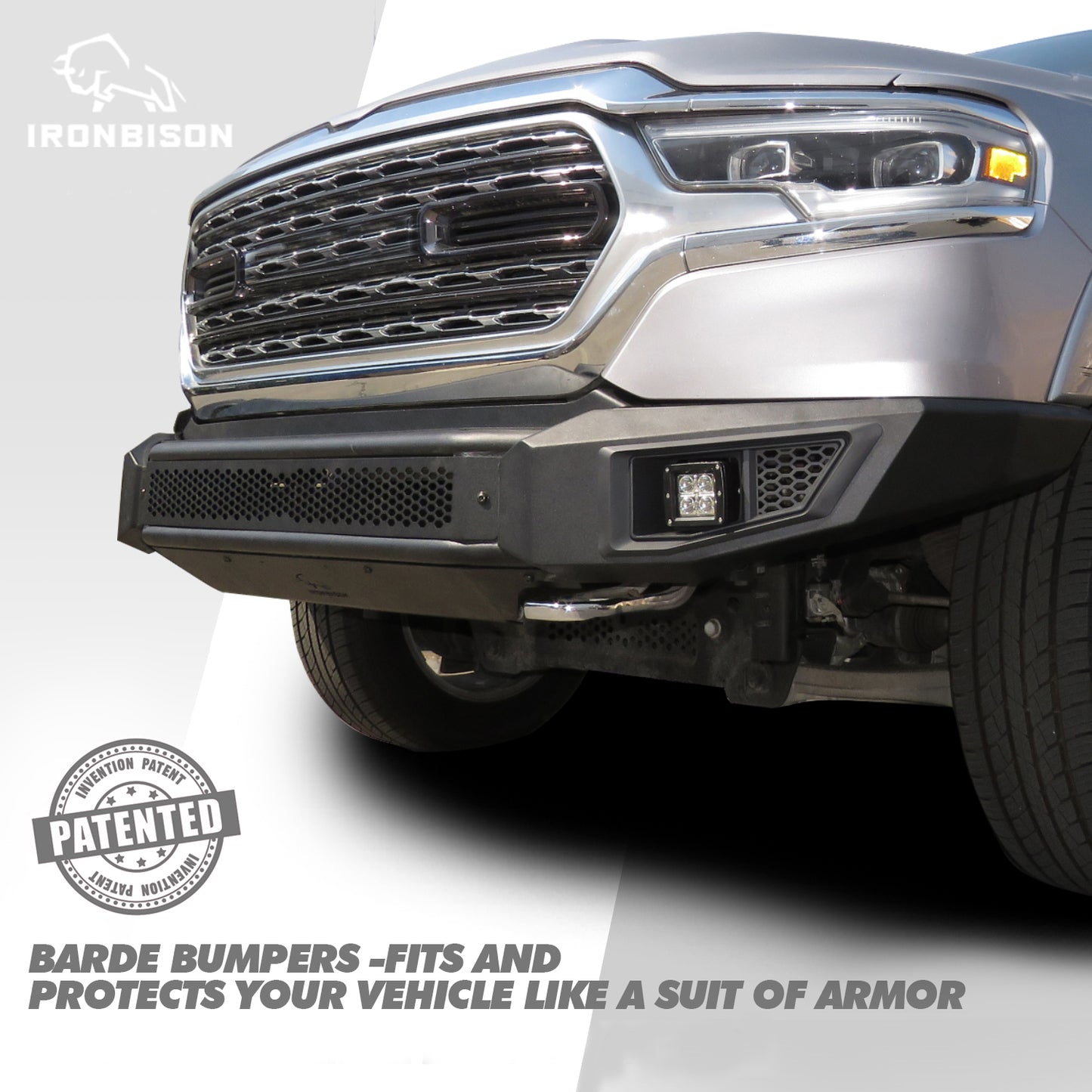 IRONBISON BARDE Front Bumper Compatible with 19-24 Dodge RAM 1500 (Excl. Rebel, TRX Trim, Diesel models) Pickup Fine Textured Off Road Replacement Bull Bar Rock Armor with 2 LED Fog Light Splash Guard