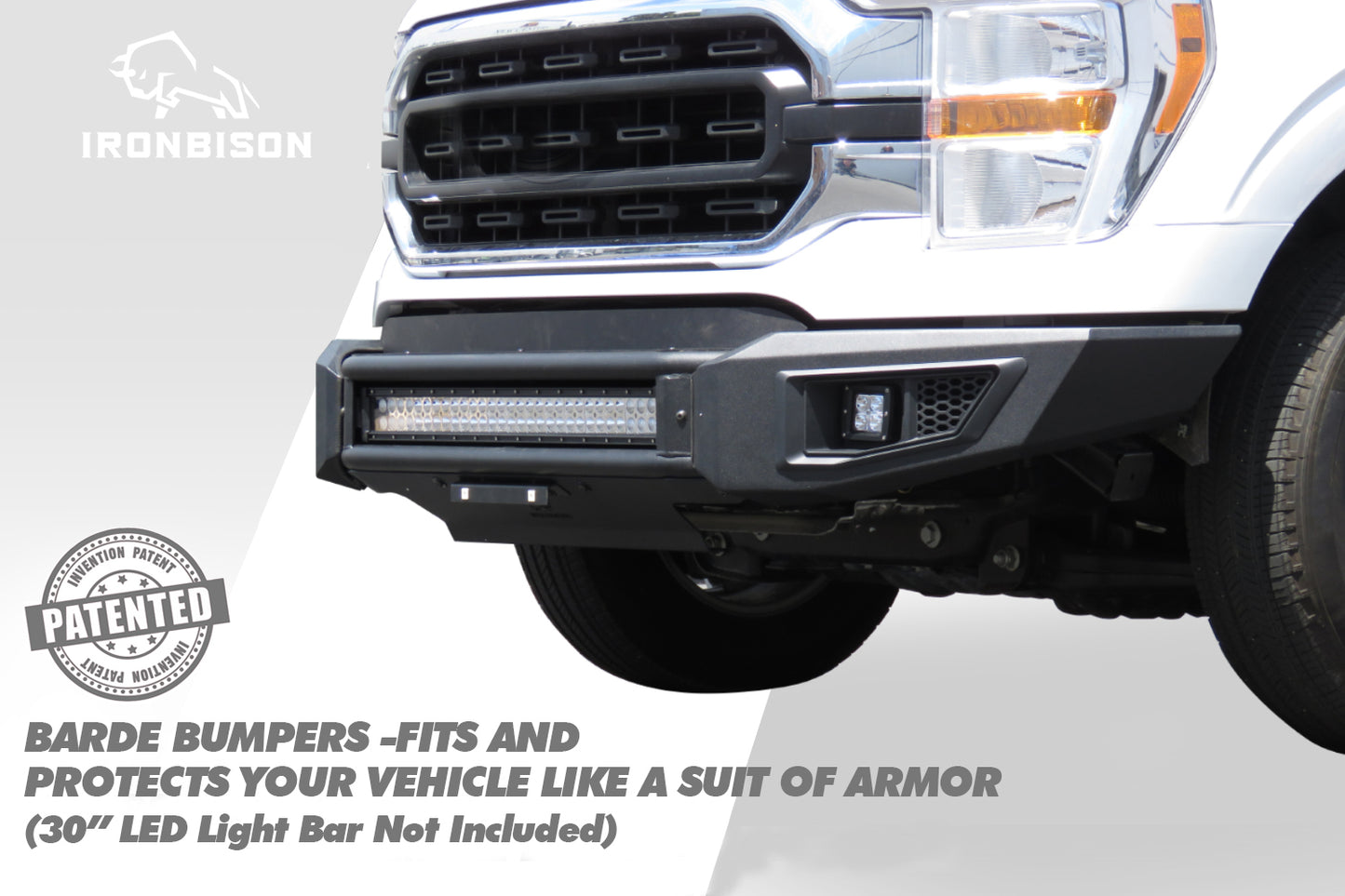 IRONBISON BARDE Front Bumper Compatible with 2021-23 Ford F150 Truck Pickup Fine Textured Black Off Road Replacement Bull Bar Rock Armor with 2 LED Fog Light Splash Guard Can Add 30” LED Light Bar