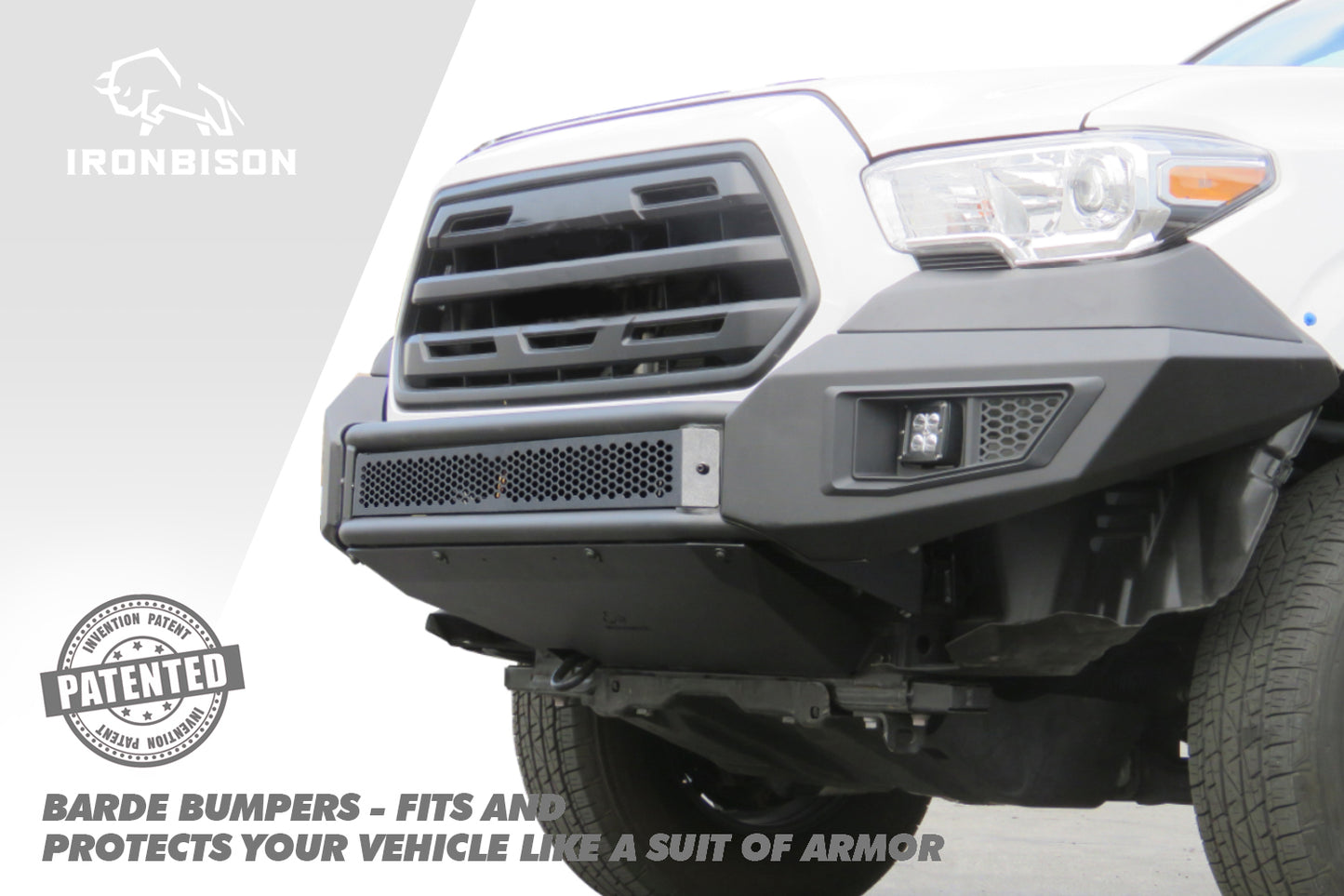 IRONBISON BARDE Front Bumper Compatible with 2016-2023 Toyota Tacoma Truck Pickup Heavy Textured Black Off Road Replacement Bull Bar Rock Armor with 2 LED Fog Light Splash Guard Can Add 30” LED Light Bar (IBBFT005)