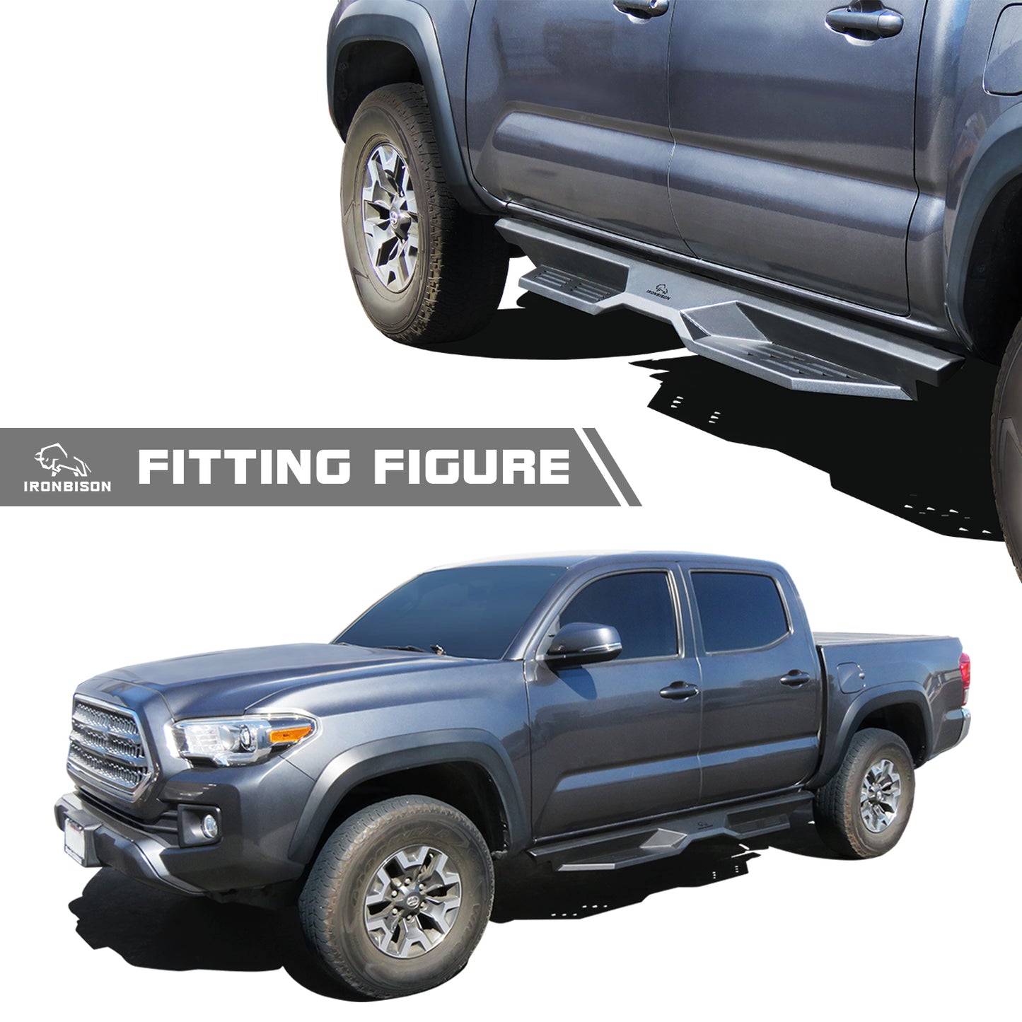 IRONBISON Defender Steps Running Boards Fit 2005-2023 Toyota Tacoma Double Cab Pick Up Fine Texture Black Side Steps Nerf Bars Rock Slider Armor (IBDS-T013)