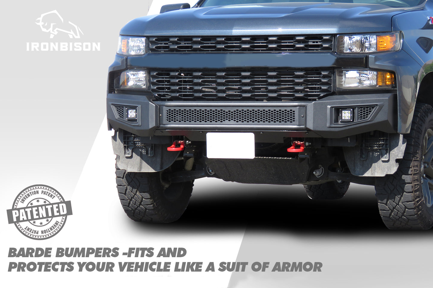 IRONBISON BARDE Front Bumper Compatible with 19-21 Chevy Silverado 1500(Excl. 2019 Silverado 1500 LD) Pickup Fine Textured Black Off Road Bull Bar Rock Armor with 2 LED Fog Light Splash Guard Can Add 30” LED Light