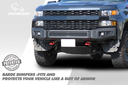 IRONBISON BARDE Front Bumper Compatible with 19-21 Chevy Silverado 1500(Excl. 2019 Silverado 1500 LD) Pickup Fine Textured Black Off Road Bull Bar Rock Armor with 2 LED Fog Light Splash Guard Can Add 30” LED Light