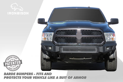 IRONBISON BARDE Front Bumper Compatible with 2013-2018 Dodge RAM 1500 (Excl. Rebel Trim) Pickup Fine Textured Black Off Road Bull Bar Rock Armor with 2 LED Fog Light Splash Guard Can Add 30” LED Light