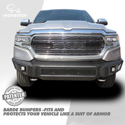 IRONBISON BARDE Front Bumper Compatible with 19-24 Dodge RAM 1500 (Excl. Rebel, TRX Trim, Diesel models) Pickup Fine Textured Off Road Replacement Bull Bar Rock Armor with 2 LED Fog Light Splash Guard