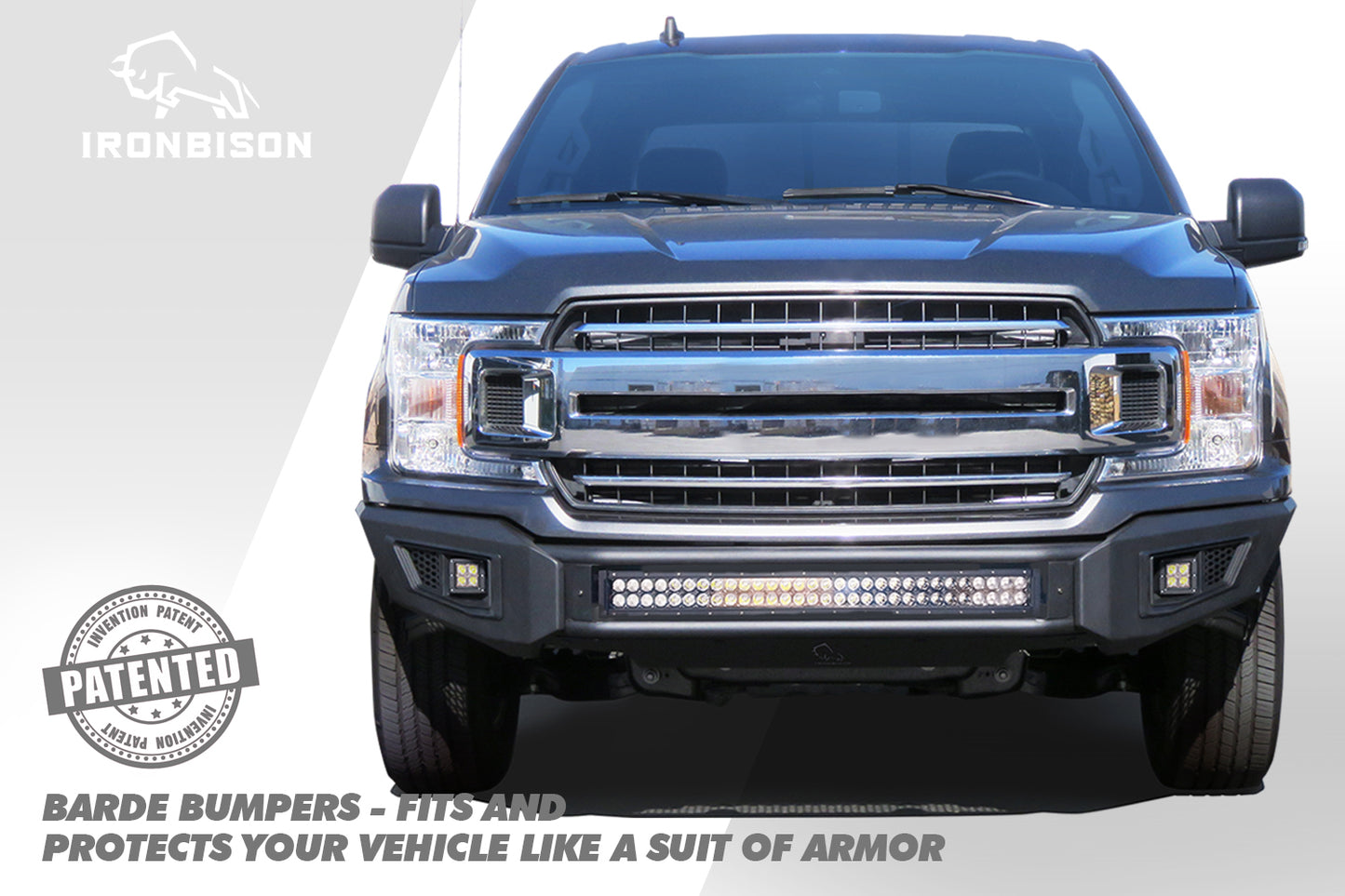 IRONBISON Barde Front Bumper Compatible with 2018-2020 Ford F150 (Excluded Raptor Models and 2020 Diesel Models) Truck Pickup Textured Black Off Road Rock Armor with LED Fog Light / Splash Guard (IBBFF001)