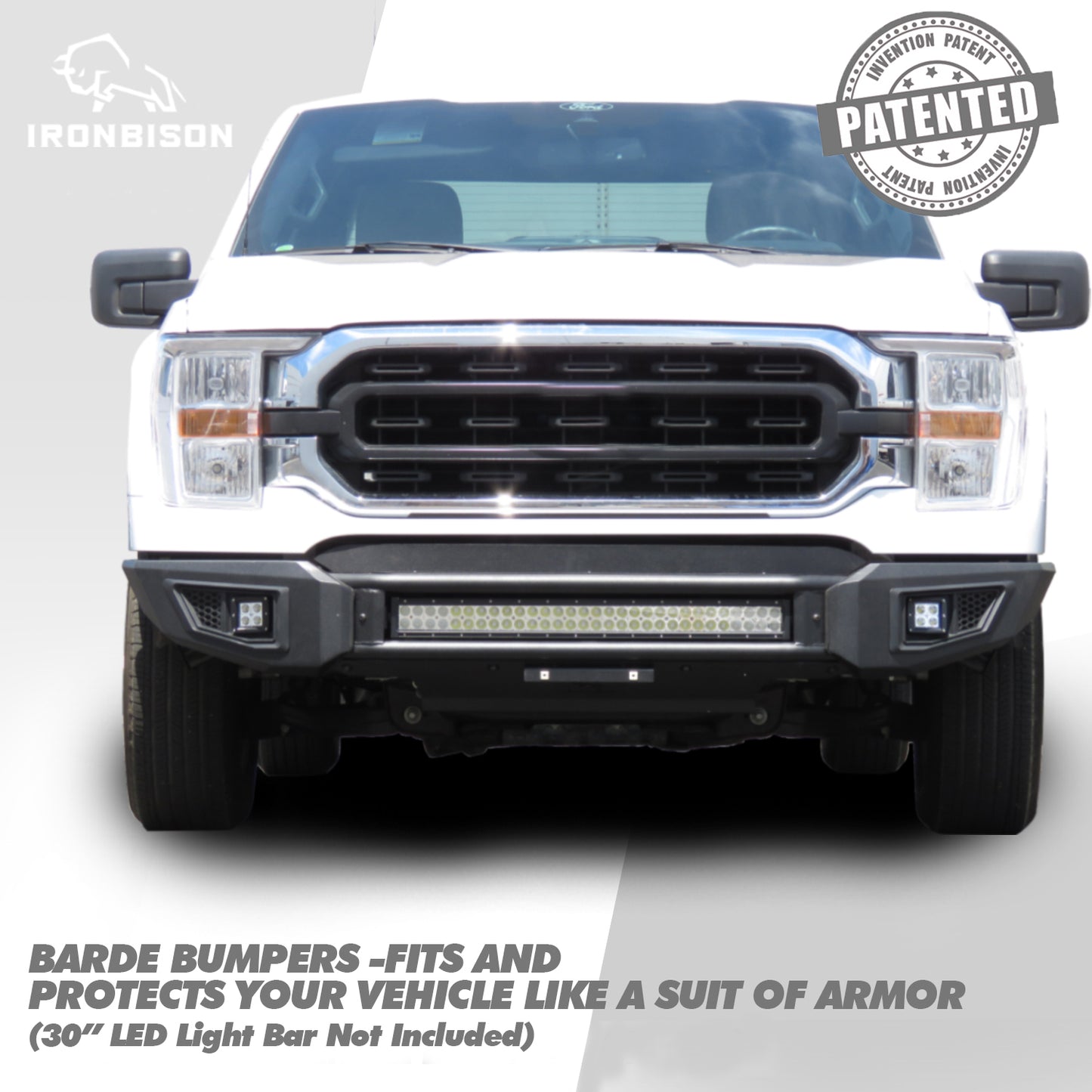 IRONBISON BARDE Front Bumper Compatible with 2021-23 Ford F150 Truck Pickup Fine Textured Black Off Road Replacement Bull Bar Rock Armor with 2 LED Fog Light Splash Guard Can Add 30” LED Light Bar