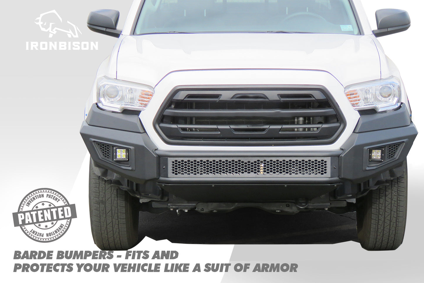 IRONBISON BARDE Front Bumper Compatible with 2016-2023 Toyota Tacoma Truck Pickup Heavy Textured Black Off Road Replacement Bull Bar Rock Armor with 2 LED Fog Light Splash Guard Can Add 30” LED Light Bar (IBBFT005)